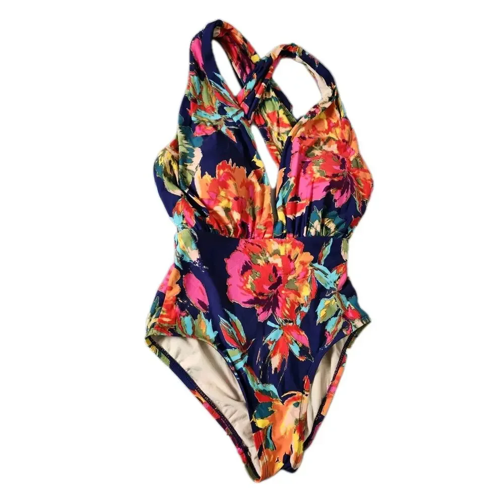 Sea Angel Swimsuit Size Small Blue Floral Monet Deep V Neck Wrap Back One Piece - Picture 1 of 6